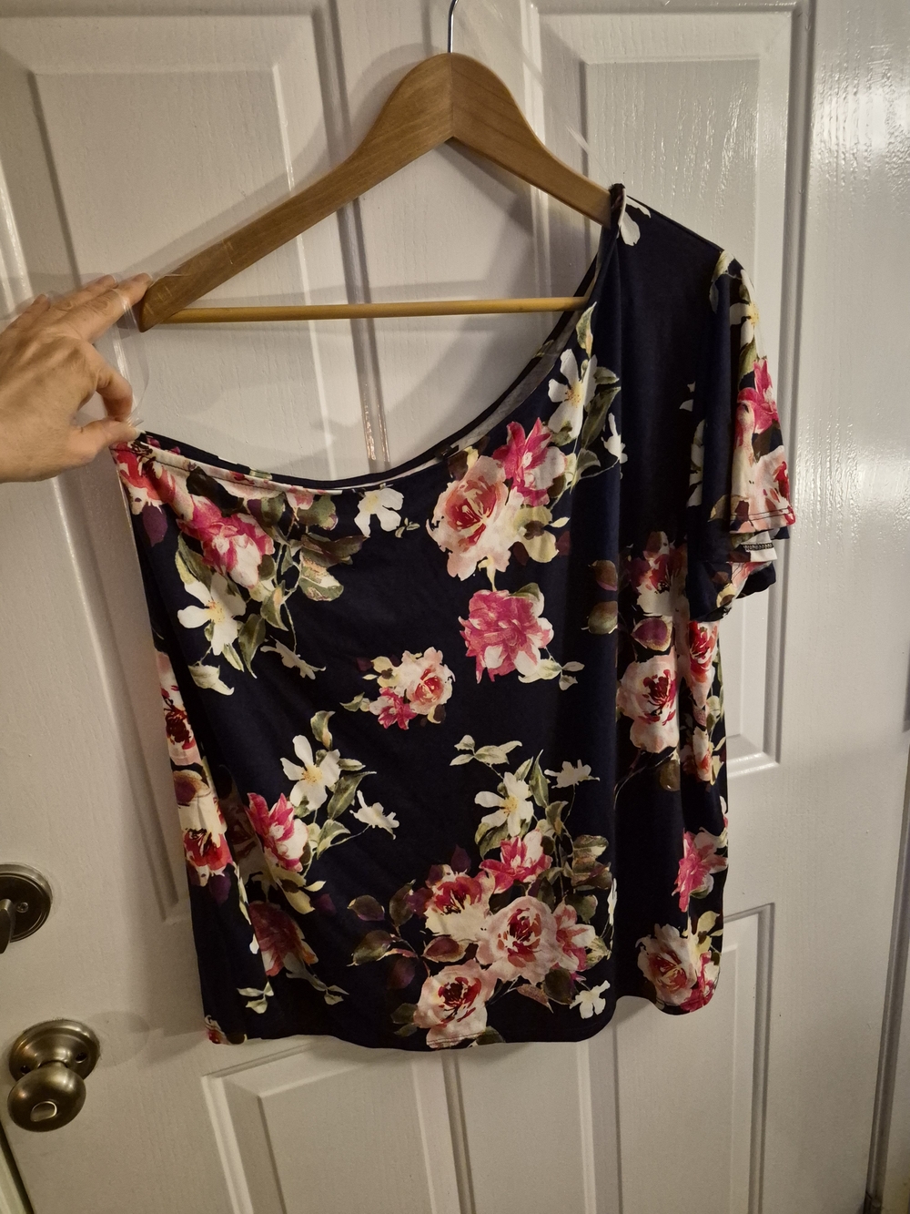Dialogue Navy Floral Off-Shoulder Tunic with Pink Roses
